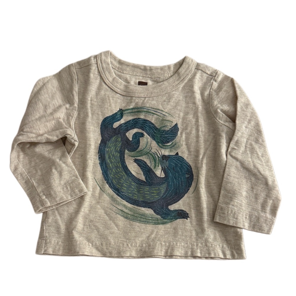Kids Beige Long Sleeve Shirt with Blue Otter Graphic